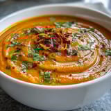 A vibrant bowl of carrot and orange soup with ginger, garnished with fresh coriander and orange zest, served with a drizzle of coconut milk.