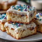 Festive Mardi Gras-inspired sugar cookie bars featuring cinnamon, lemon zest, and a creamy vanilla glaze.  