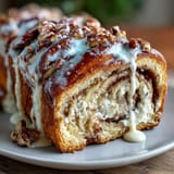 King Cake Cinnamon Babka Loaf with rich cinnamon filling and cream cheese swirl, drizzled with glaze and colorful sanding sugars.  
