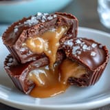 Homemade peanut butter cups filled with gooey salted caramel, smooth peanut butter, and coated in melted chocolate, ideal for sweet-salty cravings.  
