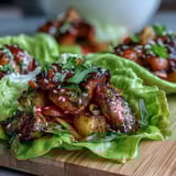 Colorful chicken-pineapple filling with crunchy vegetables, served in butter lettuce cups for a fresh meal.  