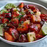 Bright strawberry lemonade fruit salad with juicy berries, sweet grapes, and tropical pineapple, tossed in a tangy lemon-honey dressing.