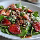 Vibrant strawberry spinach salad featuring ripe berries, goat cheese crumbles, and crunchy candied pecans, served as a refreshing side dish.  