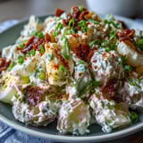 Classic Deviled Egg Potato Salad in a white serving bowl, garnished with paprika and fresh chives, surrounded by Easter eggs and a rustic wooden table setting.