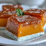 Sweet, chilled mango agar-agar jelly cubes glistening next to rich coconut milk strata.