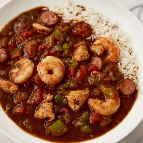 A close-up of hearty Louisiana gumbo, rich dark color, filled with meat, vegetables and flavorful broth.