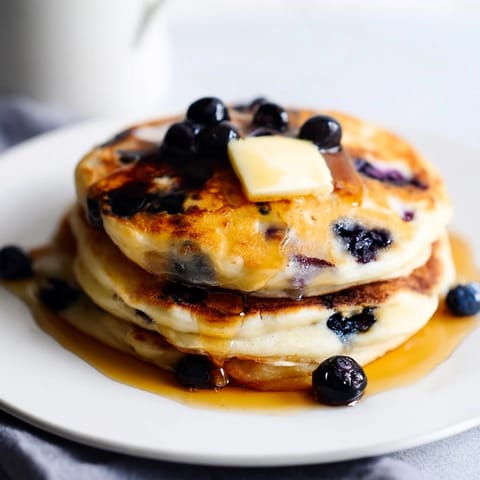 Stack of warm blueberry pancakes, served with melting butter and glistening maple syrup, a breakfast delight.