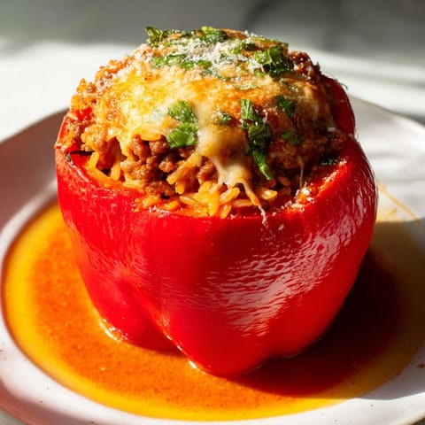 Golden-topped stuffed bell peppers with a comforting aroma, filled with a hearty meat and rice mixture, ideal dinner recipe.