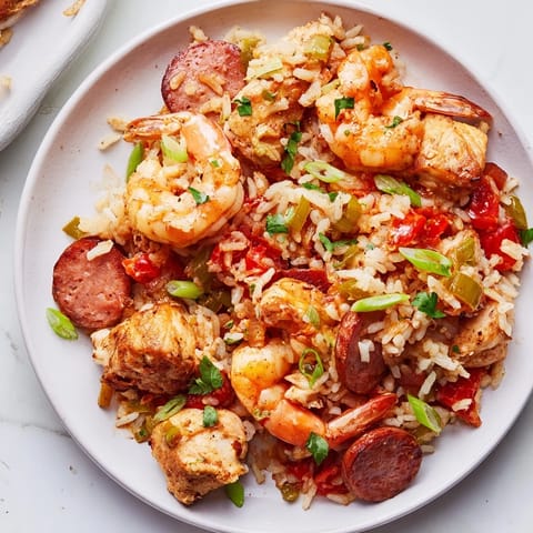 Steaming bowl of Jambalaya, a comforting Creole dish with shrimp and sausage.
