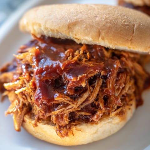 Shredded pulled pork, tender and smoky with barbecue sauce, piled high on a soft, fluffy bun.