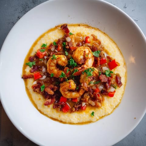 Golden, sautéed shrimp atop a bed of cheesy grits with flavorful sauce, a delightful Shrimp and Grits recipe.