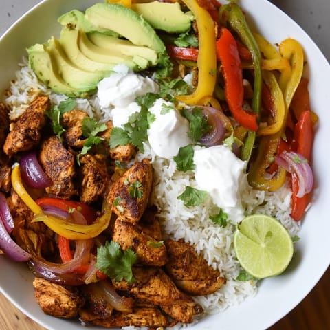 Delicious chicken fajita bowl piled high, offering a satisfying combination of textures and flavors.