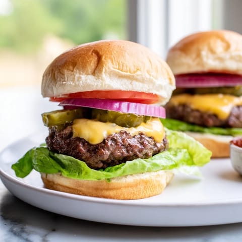Melted cheese drips over a perfectly grilled hamburger patty, ready for a delicious bite.