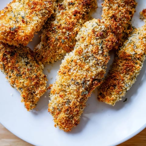 Oven-baked herbed panko chicken strips served on a white plate with fresh parsley and a creamy dipping sauce.