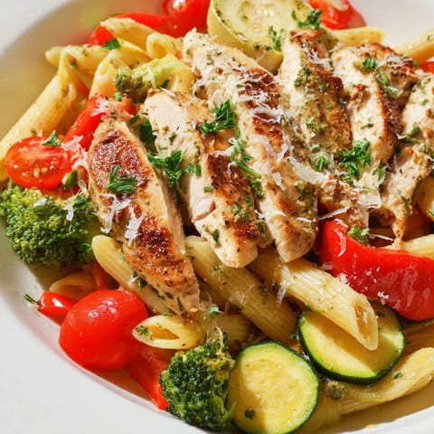 A steaming plate of garlic herb chicken and veg pasta features colorful bell peppers, zucchini, and cherry tomatoes alongside tender meat.  
