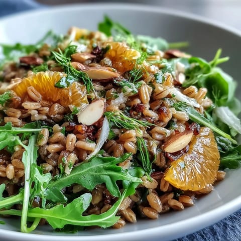 Freshly prepared Farro Salad With Fennel, Oranges, and Almonds served in a white bowl, garnished with fennel fronds and vibrant orange slices.