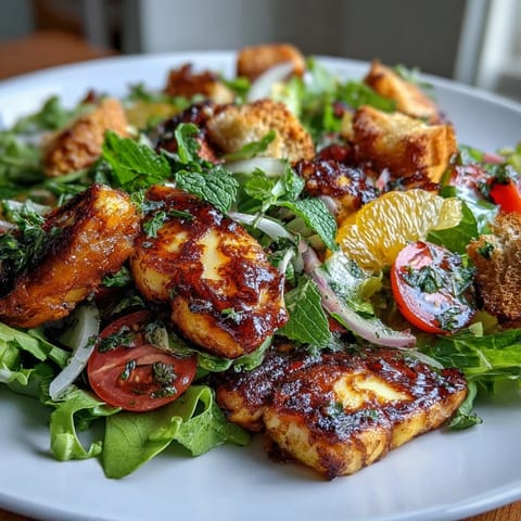 Golden fried halloumi and blood orange slices on a bed of mixed greens, topped with crunchy sourdough croutons for a vibrant Halloumi Blood Orange Fattoush.
