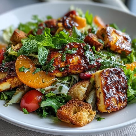 A plated Halloumi Blood Orange Fattoush salad with juicy blood orange rounds, crisp vegetables, and tangy sumac vinaigrette, ready to serve.