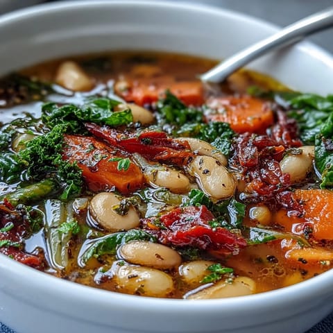 A steaming bowl of Mediterranean White Bean Stew showcases tender cannellini beans, carrots, and kale in a rich, golden olive oil broth.