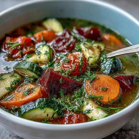 A vibrant bowl of Rainbow Vegetable Detox Soup, brimming with diced carrots, beets, and fresh herbs in a savory broth.  