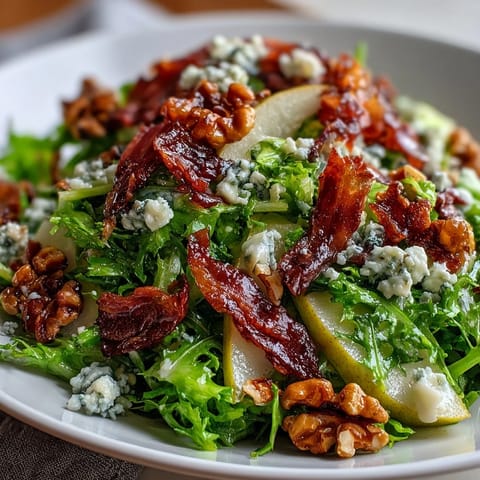 Crispy prosciutto shards and creamy blue cheese crumbles top a vibrant Frisée, Pear, Blue Cheese, and Crispy Prosciutto Salad, paired with juicy pear slices and toasted walnuts.