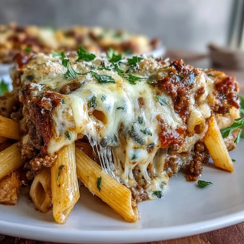 A hearty scoop of High Protein Italian Beef and Pasta Bake reveals beef, vegetables, and whole wheat penne in sauce.