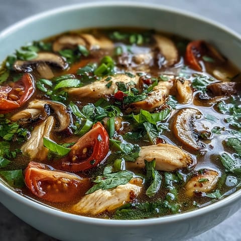 Tom Yum Chicken soup with tender chicken thighs, mushrooms, and tomatoes in a spicy, aromatic broth.  