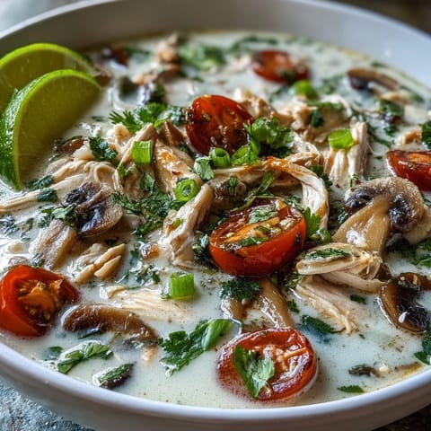 A ladle of Best Ever Tom Kha Gai Soup being poured over jasmine rice, showcasing tender chicken and mushrooms in coconut broth.