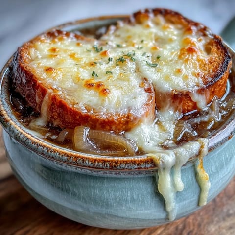 French Onion Soup served in a rustic ceramic bowl with golden, bubbling cheese and a side of fresh thyme.