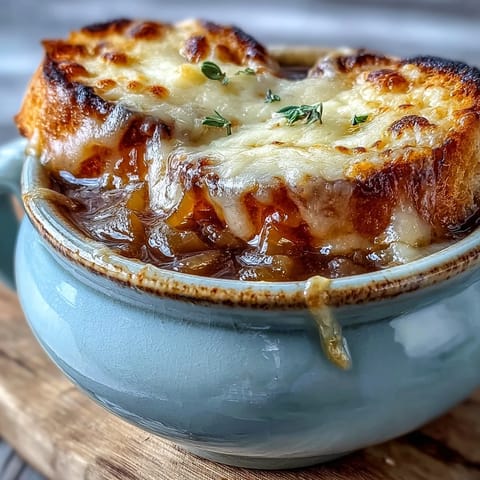 A ladle of rich French Onion Soup with caramelized onions and melted Gruyère cheese topped on crusty bread.