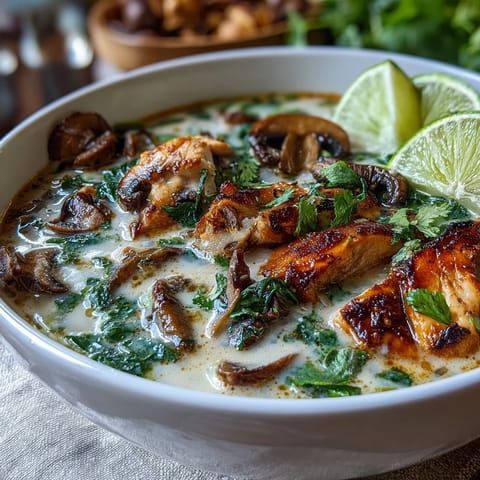 A warm bowl of Tom Kha Soup, garnished with fresh cilantro and lime wedges, ready to serve.