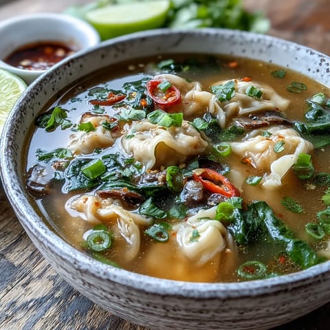 A close-up view of Tom Yum Wonton Soup reveals succulent shrimp, sliced mushrooms, and wilted baby bok choy in a clear, tangy Thai-inspired broth.