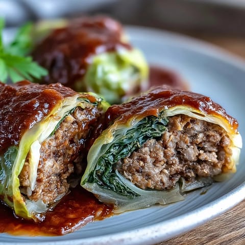 Golden-baked Cabbage Rolls bubbling with savory beef and rice filling, fresh from the oven.