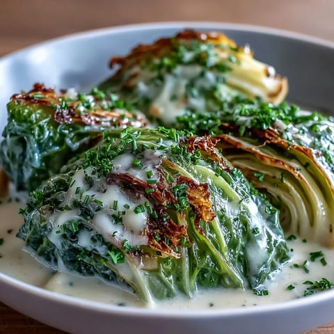 Golden Herby Cabbage in Parmesan Broth simmering in a rustic pot, garnished with fresh thyme and parsley.