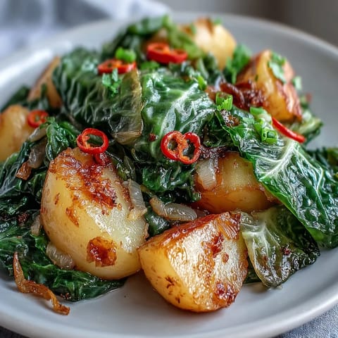A hearty bowl of Braised Cabbage With Potatoes and Chili served beside lemon wedges and crusty bread.