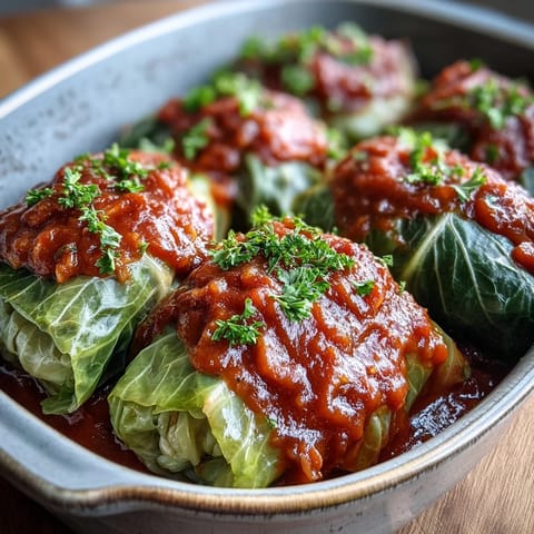 Freshly baked vegan cabbage rolls topped with herbs, served alongside mashed potatoes on a rustic wooden table.