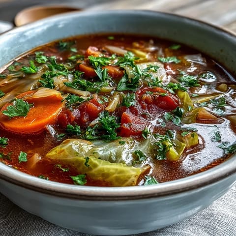 Rustic Classic Cabbage Soup served hot in a ceramic bowl with fresh parsley garnish.
