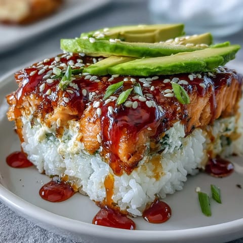 Golden brown cheesy topping on a homemade Spicy Salmon Sushi Bake, garnished with green onions and drizzled with spicy mayo.