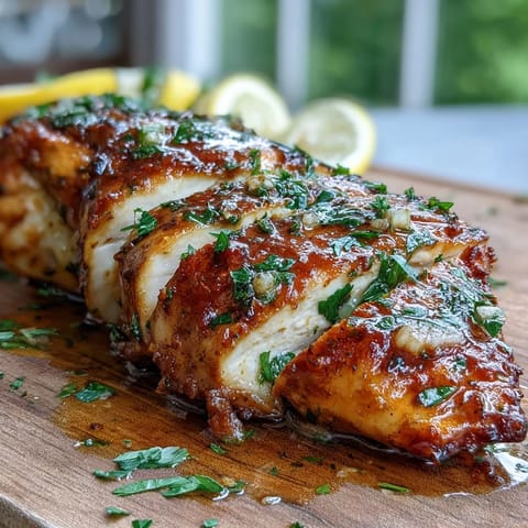 Golden-brown oven baked chicken breast seasoned with paprika and herbs, resting on a baking sheet with lemon slices.