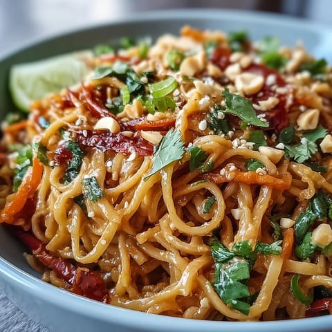 The bright Asian Peanut Noodle Bowl is topped with chopped peanuts, sesame seeds, and fresh cilantro on a white plate.
