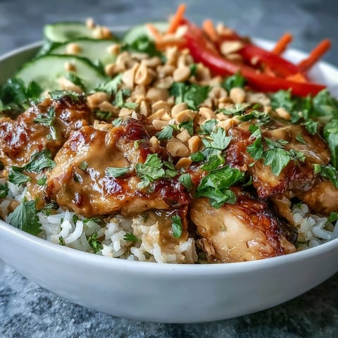 This Thai Peanut Chicken Bowl showcases vibrant carrots, bell peppers, and peanuts with a drizzle of creamy peanut sauce.