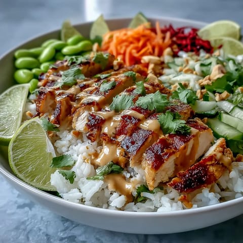 A close-up of a vibrant Coconut Rice Peanut Bowl with colorful shredded cabbage, carrots, and fresh lime wedges.