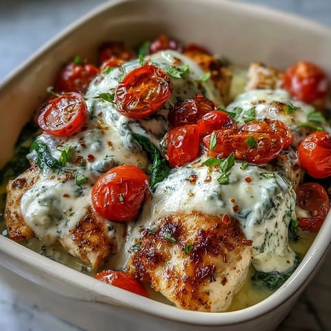 Savory High Protein Chicken Bake served on a white plate, paired with cauliflower rice and a fresh garden salad.