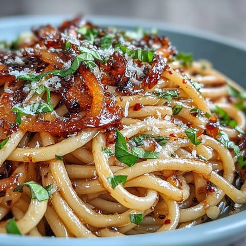 Steaming bowl of Caramelized Onion Pasta with Chili Oil, featuring deep amber onions and vibrant red chili flakes.