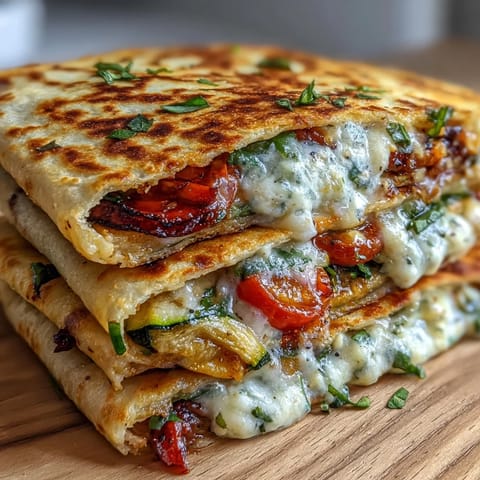 Fresh cherry tomatoes and wilted spinach peek out of the crispy Mediterranean quesadilla.