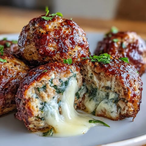 Four golden spinach garlic meatballs with melted mozzarella peeking out, served over spaghetti and marinara sauce.