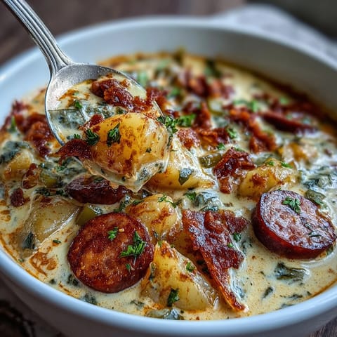 Smoky andouille sausage and tender potatoes swim in a rich, creamy broth, topped with shredded cheese and crispy bacon bits.