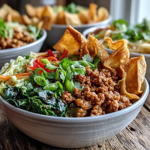Steaming Ranch Turkey & Veggie Egg Roll Bowl topped with crispy wonton strips and fresh green onions. 