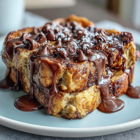 Freshly baked High-Protein Peanut Butter & Chocolate Baked French Toast garnished with chocolate chips and a warm peanut butter drizzle.