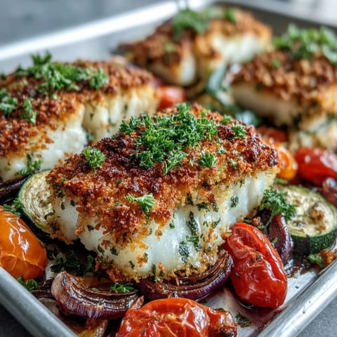 Golden Parmesan Crusted Sheet Pan Fish & Veg fillets roasted with colorful peppers, zucchini, and tomatoes, served fresh from the oven.